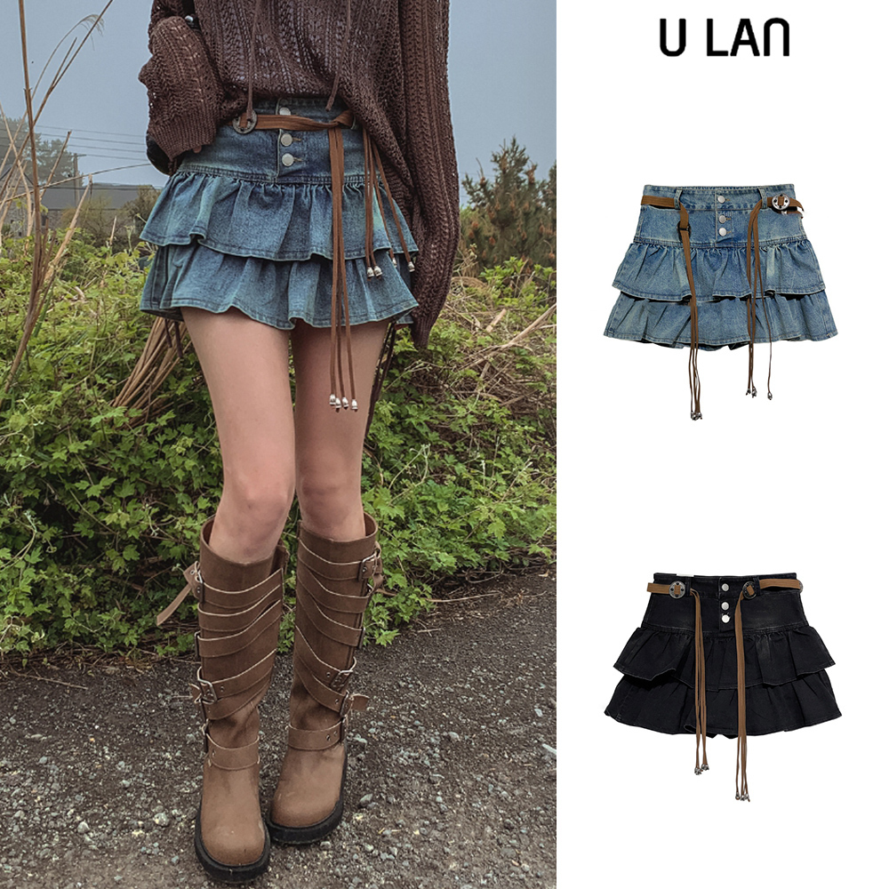 【U LAN】Bohemian Denim Tiered Mini Skirt (+Belt set)