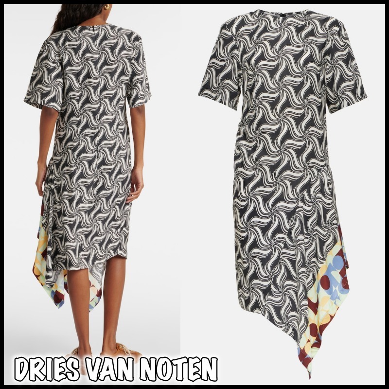 【人気】DRIES VAN NOTEN プリントアシンメトリー ミディドレス
