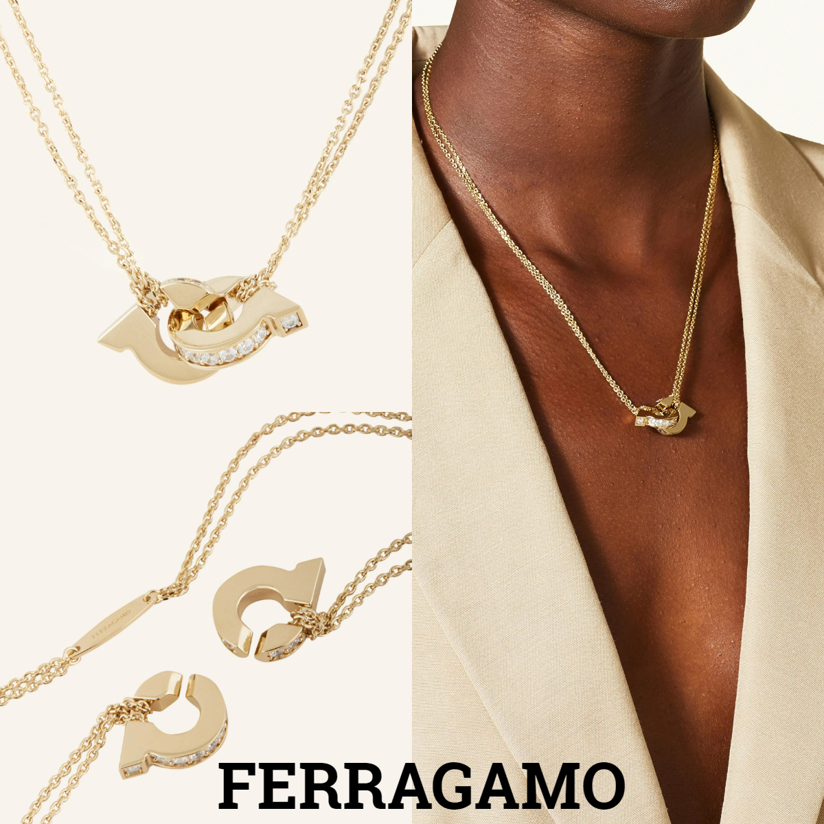 新作*FERRAGAMO*ガンチーニ ダブルチェーンネックレス GANCIO