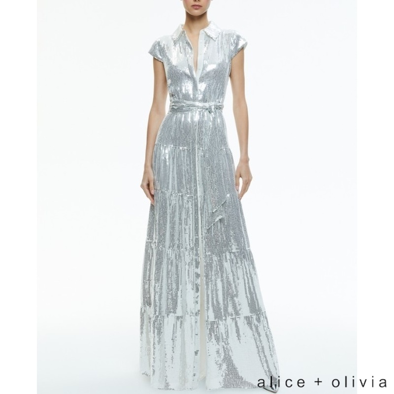 Alice Olivia ビア新作煌びやかな シルバー 襟付き ロングドレス