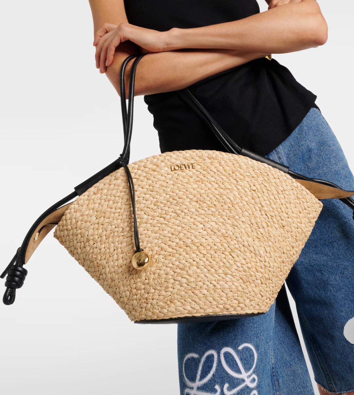 LOEWE パセオ バスケットバッグ ラフィア ナパカーフ スモール Small Elephant basket in raffia and calfskin Beige - LOEWE