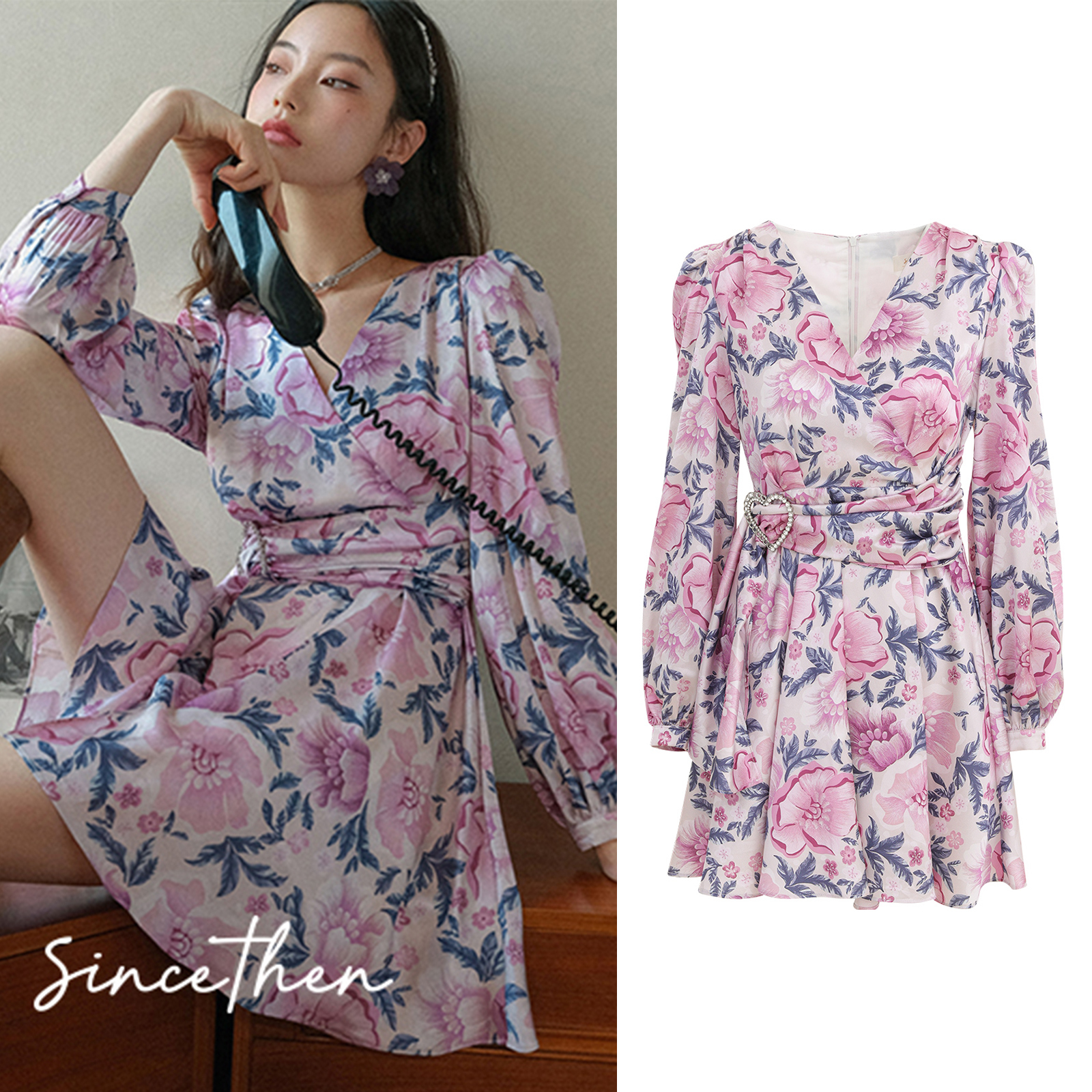 SinceThen花柄 Vネック ワンピース ショート丈 ベルテッド