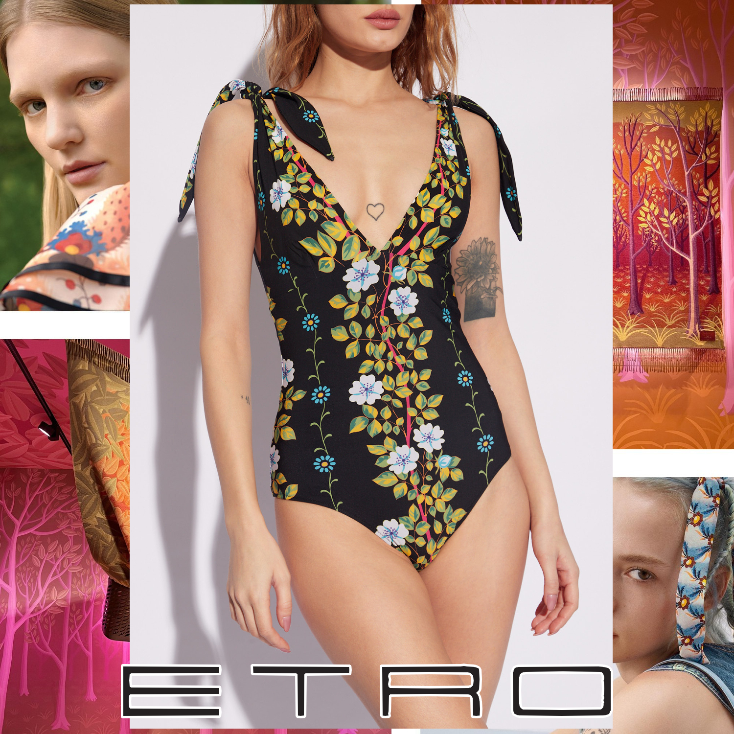ETRO フラワープリント ワンピース水着 ブラック