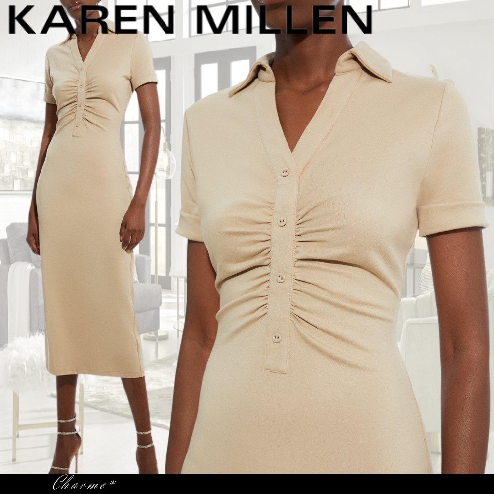 KAREN MILLEN ミディドレス ワンピース Vネック ボタン タイト