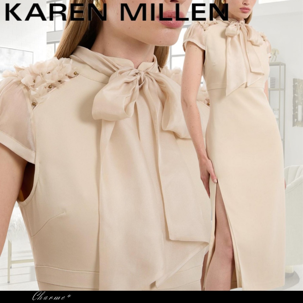 KAREN MILLEN 膝丈ドレス ワンピース リボン タイト ベージュ