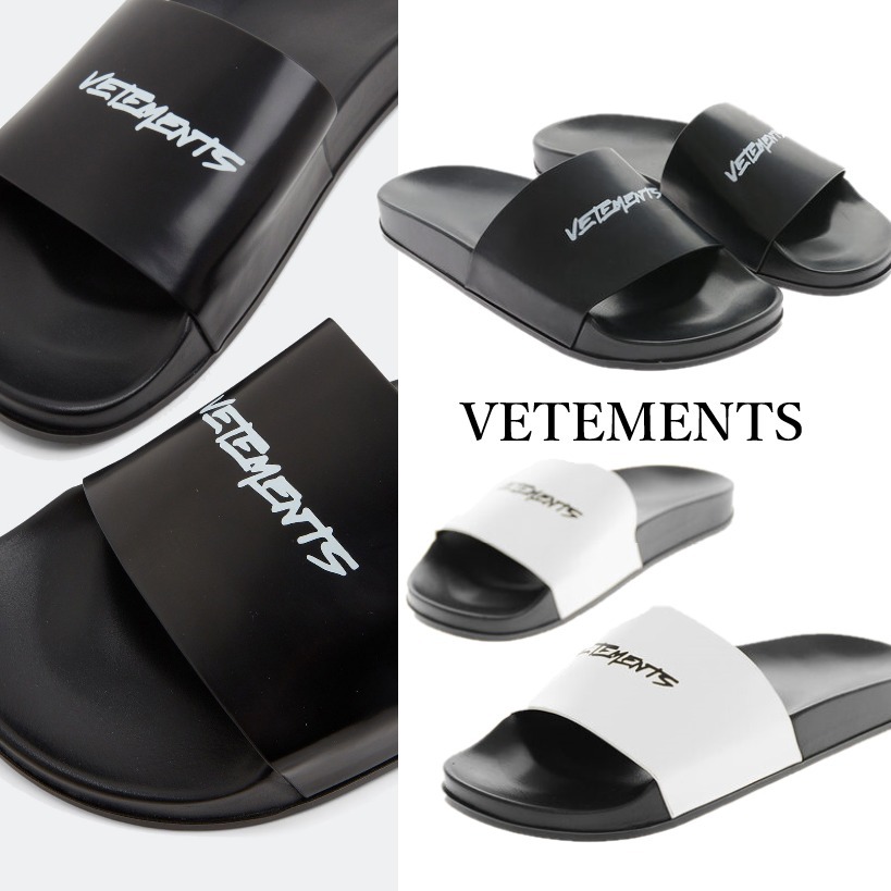関税込◆VETEMENTS ヴェトモン ロゴ レザー フラット サンダル