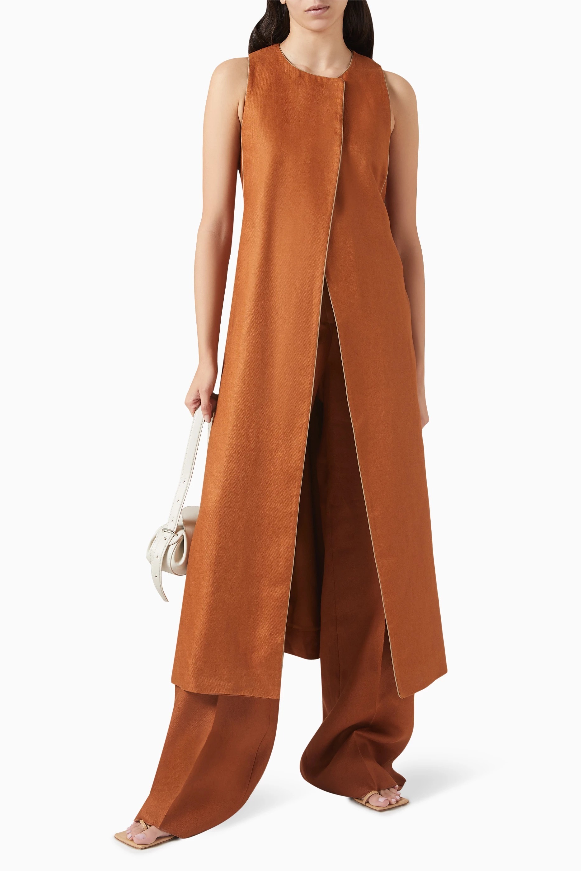 《送料無料》 MAX MARA Long linen waistcoat with piping AUREO
