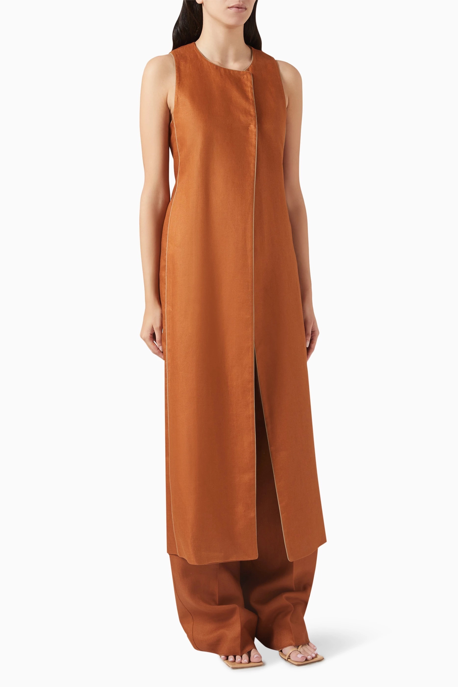 《送料無料》 MAX MARA Long linen waistcoat with piping AUREO