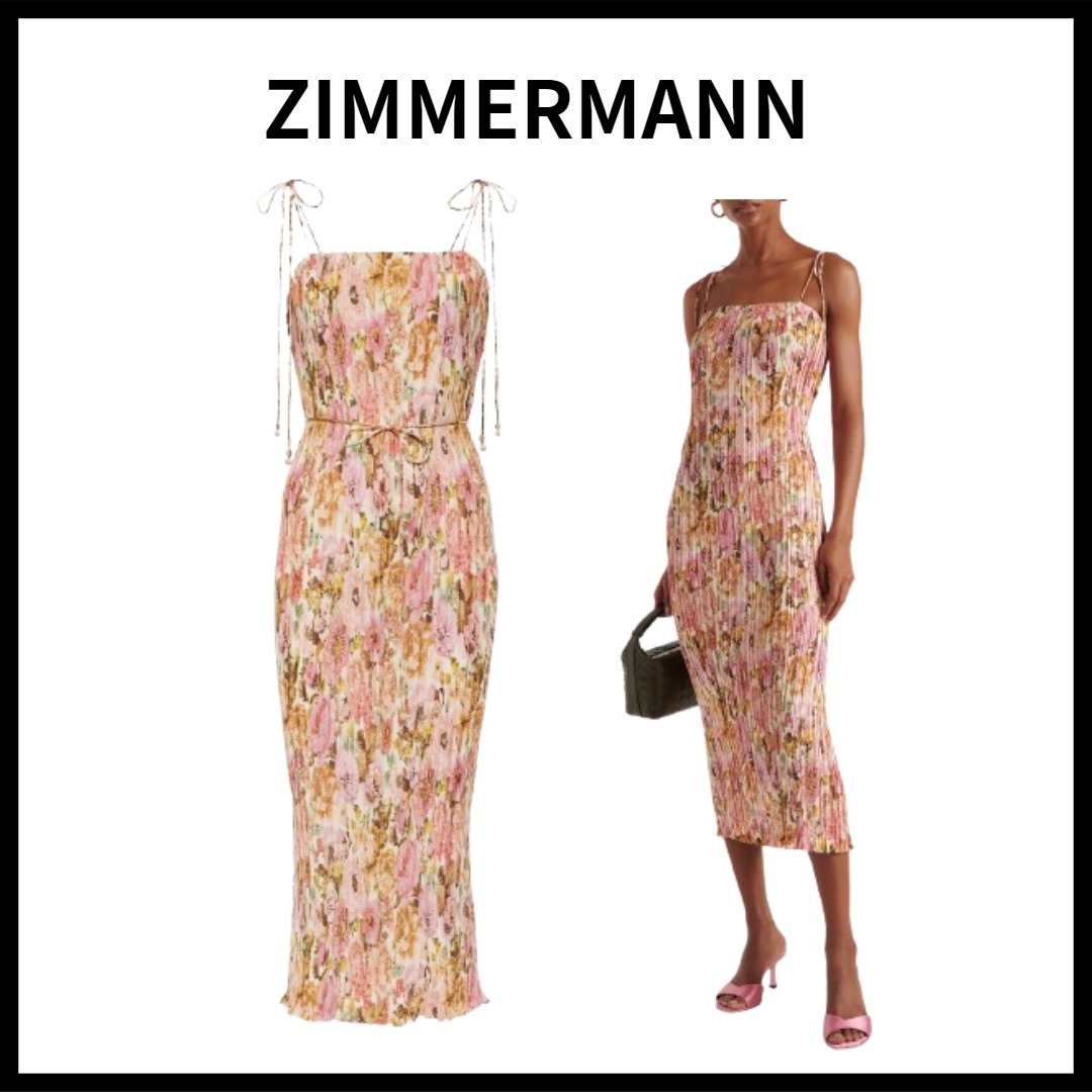 ZIMMERMANN ゴールデンプリーツフローラルスリップドレス