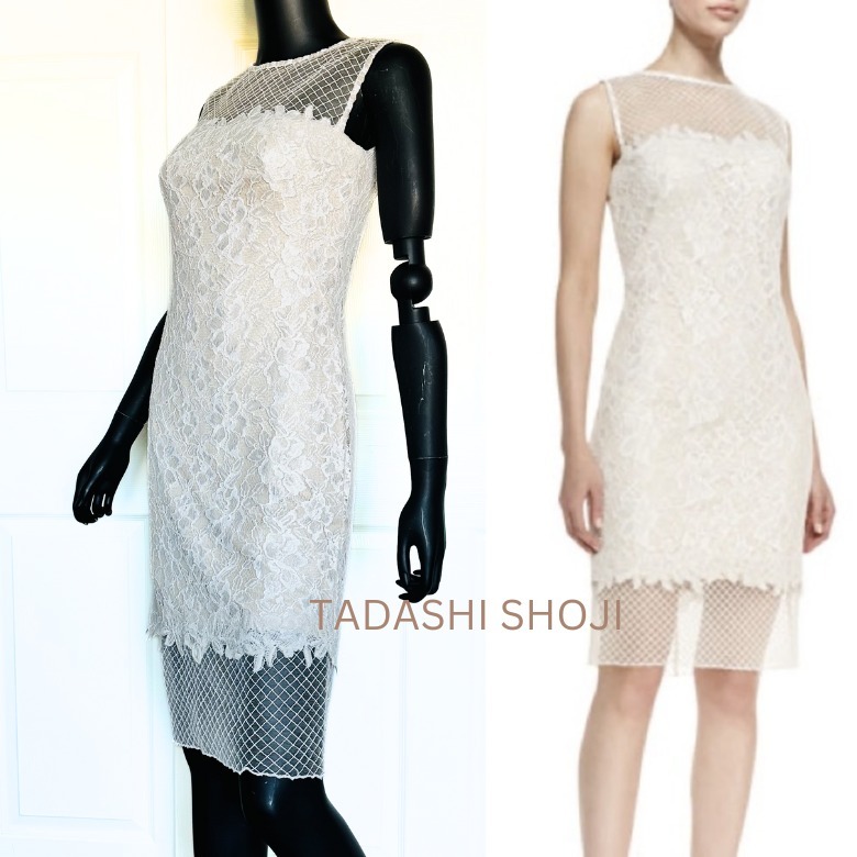 TADASHI SHOJI フローラル刺繍レース白タイトワンピースドレス