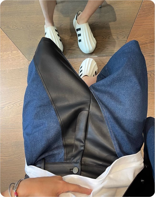 メンズ異素材ハーフパンツ デニム フェイクレザー 韓国系 S4952