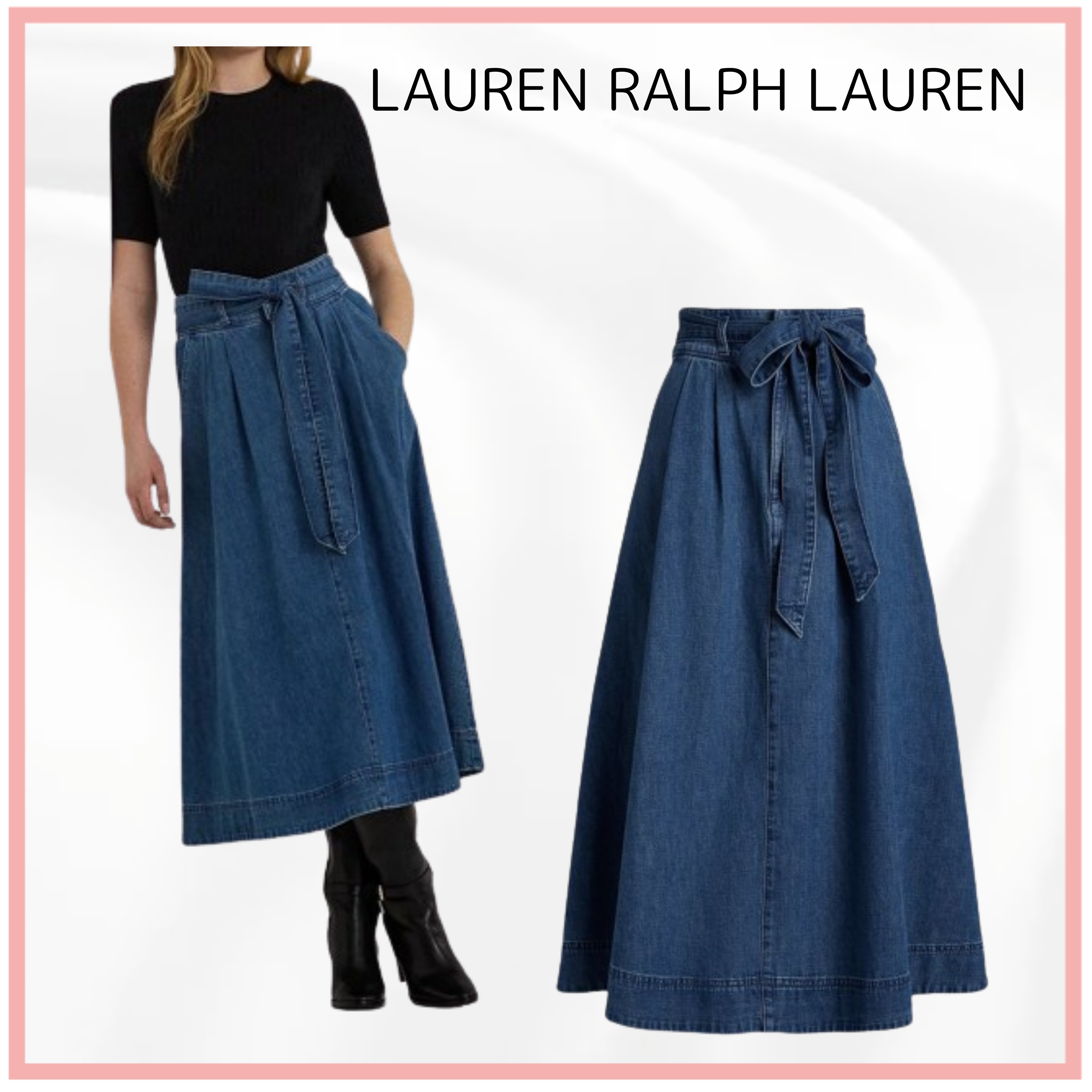 Lauren Ralph Lauren ベルト付き デニムミディスカート ボトムス