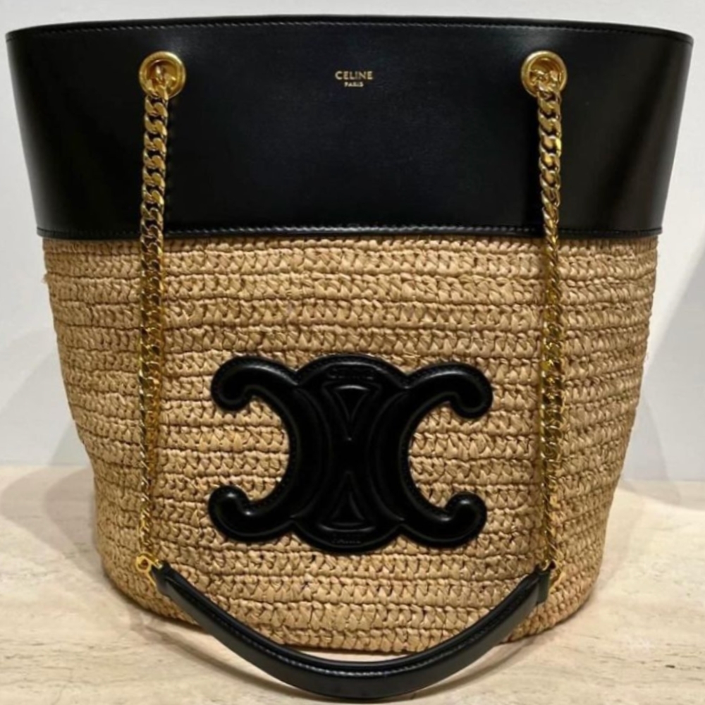 国内完売●CELINE●ラフィア×レザーバケットバッグ●18724 2CFW CELINE】チェーン バケット クラシックパニエ ラフィア カーフ