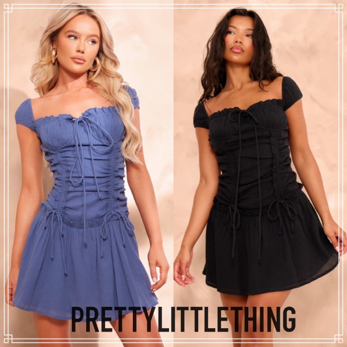 【PrettyLittleThing】テクスチャード パフ スリーブ ドレス 2色