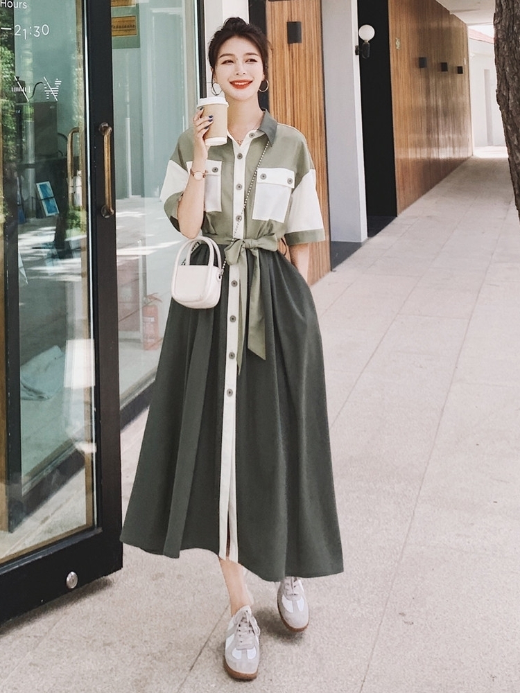大人可愛い シャツワンピース ロング フレア 綺麗め ストリート