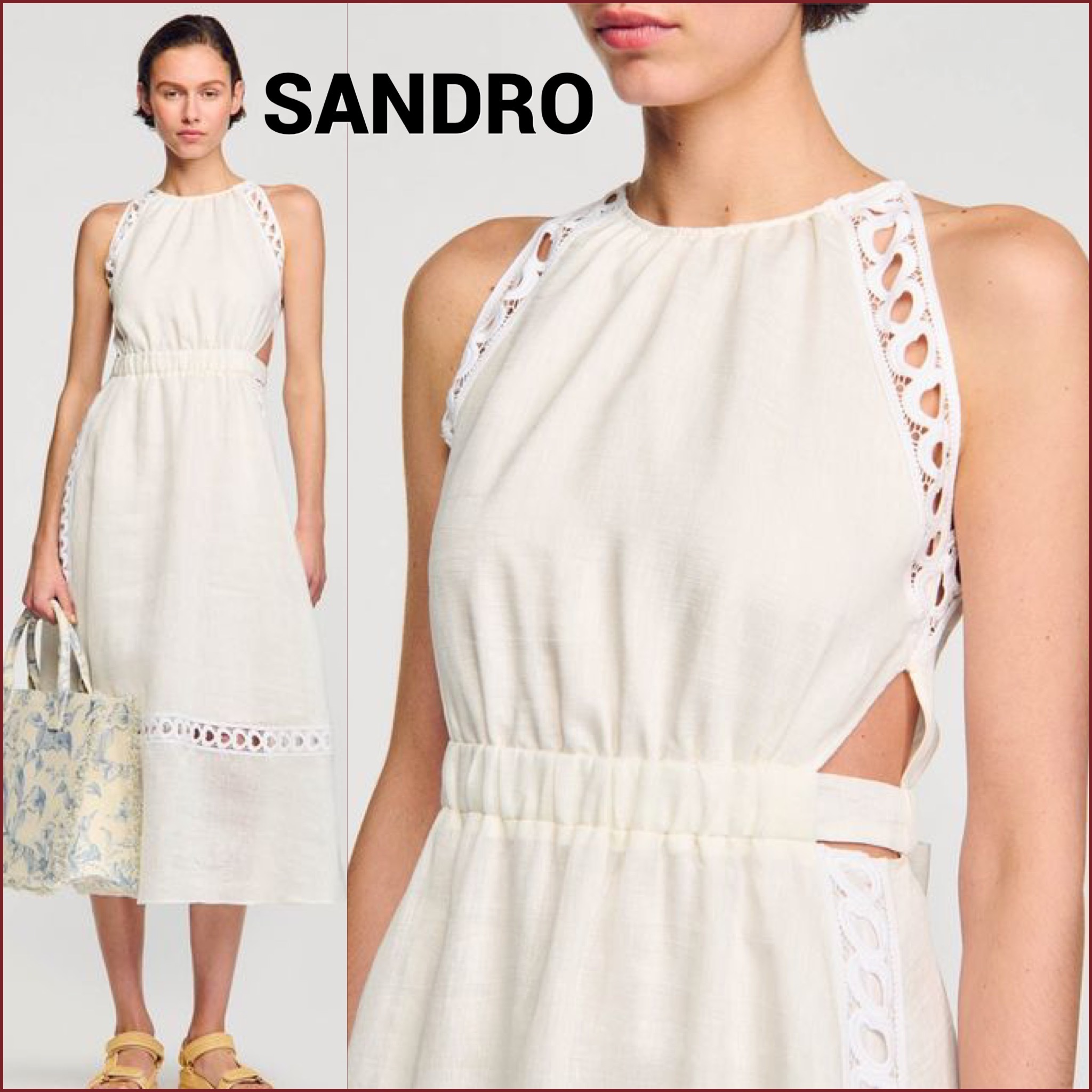 sandro サンドロ 総レース 半袖ワンピース ボウタイリボン 白黒