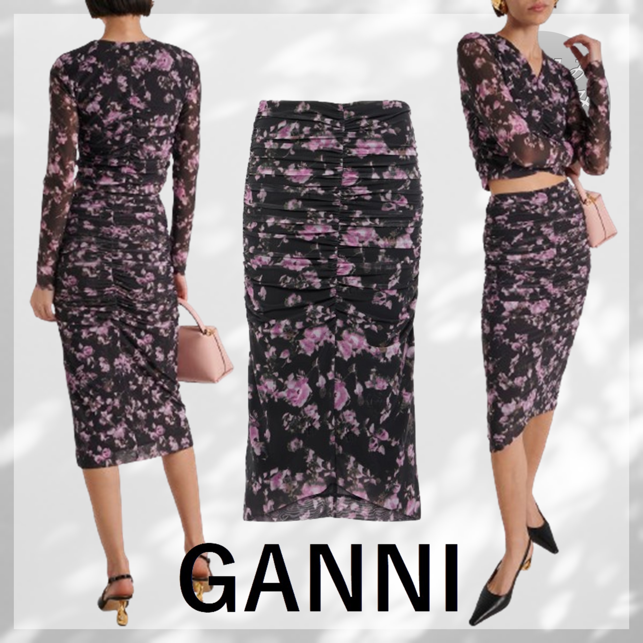 送料込/関税込■GANNI■花柄シャーリングメッシュミディスカート