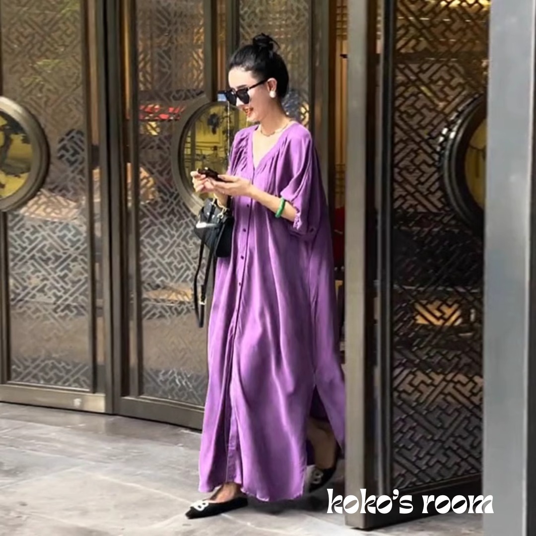 Vネック フレア ワンピース ロング Aライン