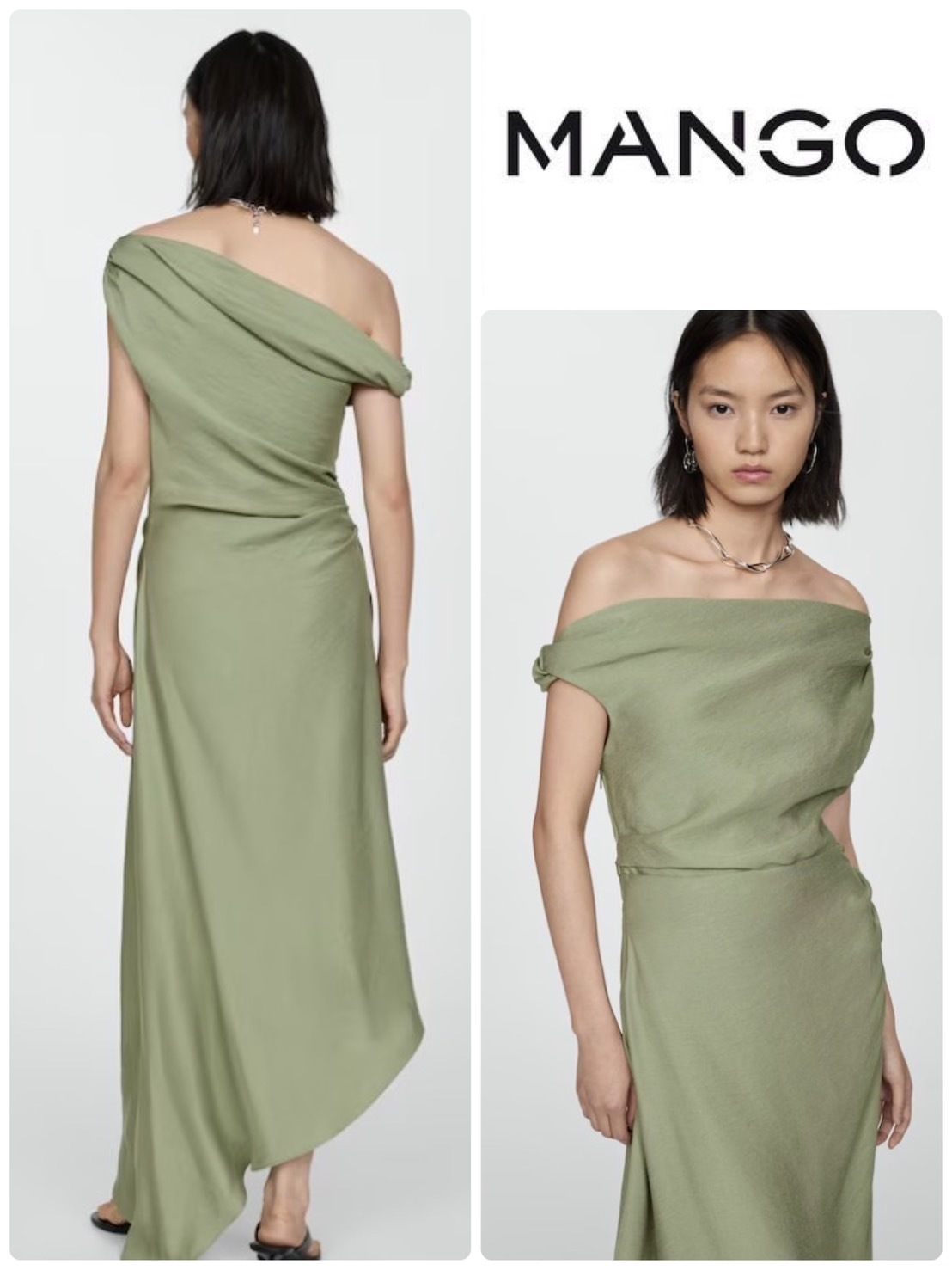 スペイン発送 MANGO ギャザーが施されたアシンメトリードレス スペイン発送 MANGO アシンメトリーギャザードレス グリーン