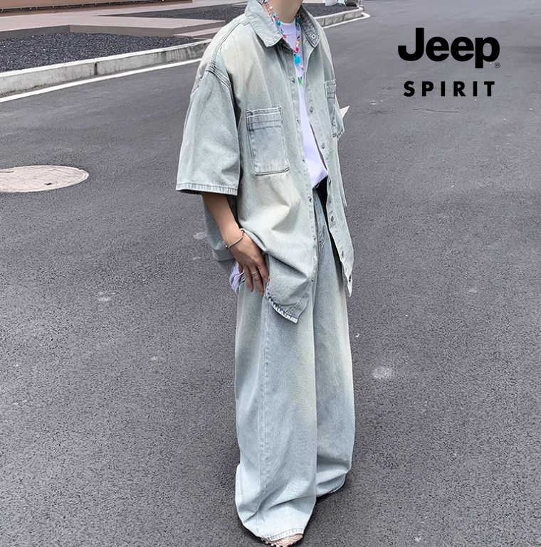 jeepストリートセットアップ 夏ワイドデニムパンツデニムシャツ