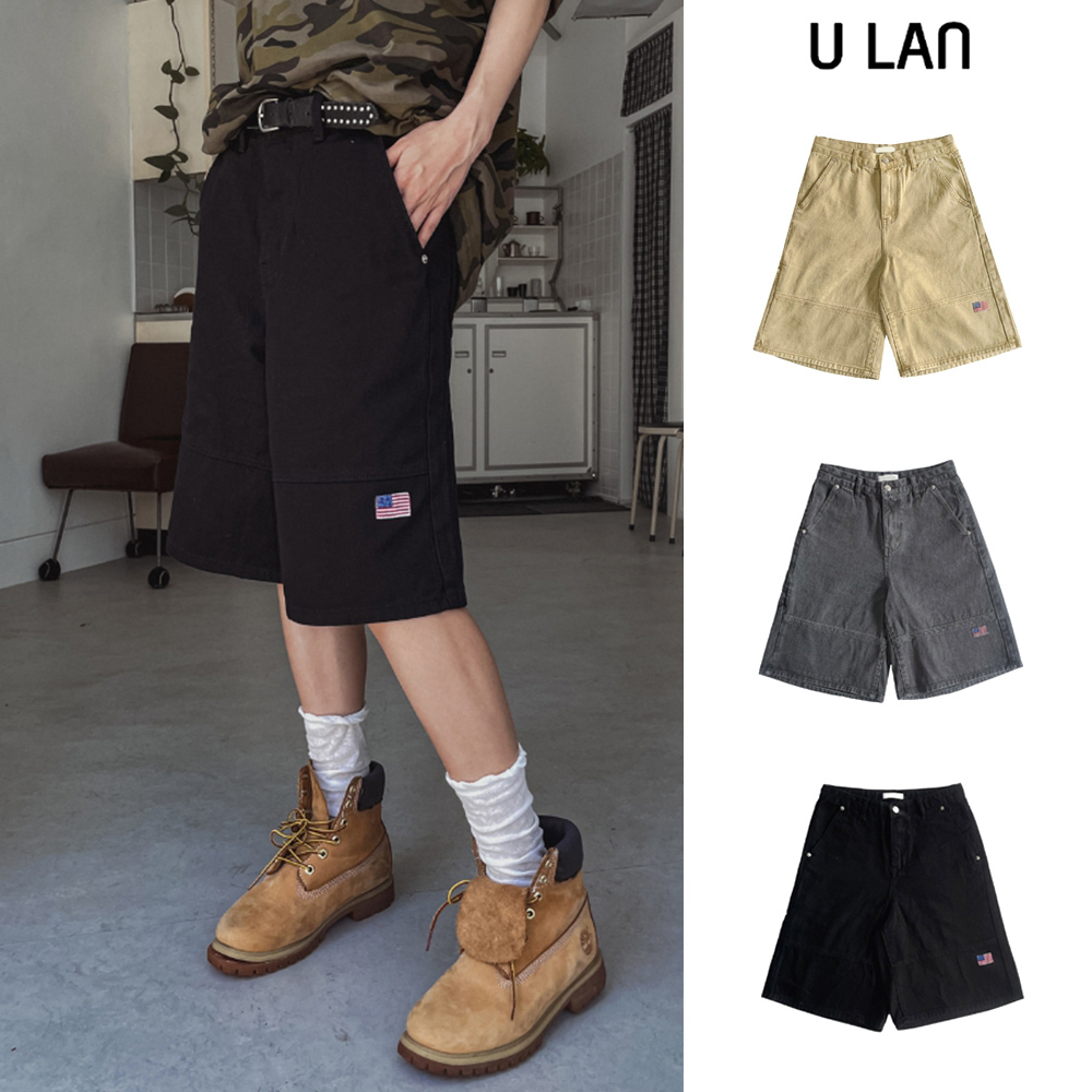 【U LAN】American Patch Dying Bermuda Pants