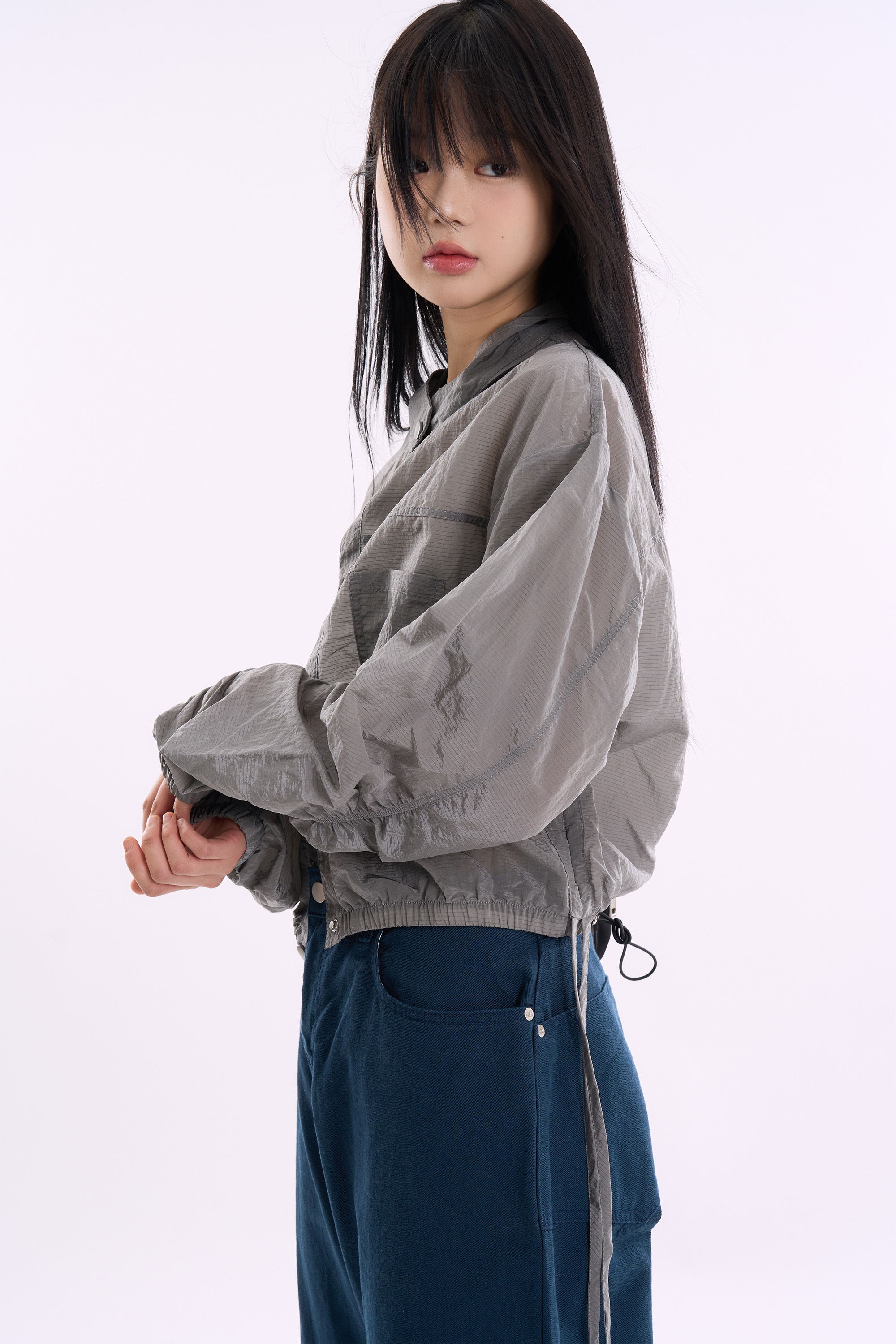 Raucohouse】Cool ripstop see-through shirring crop jacket