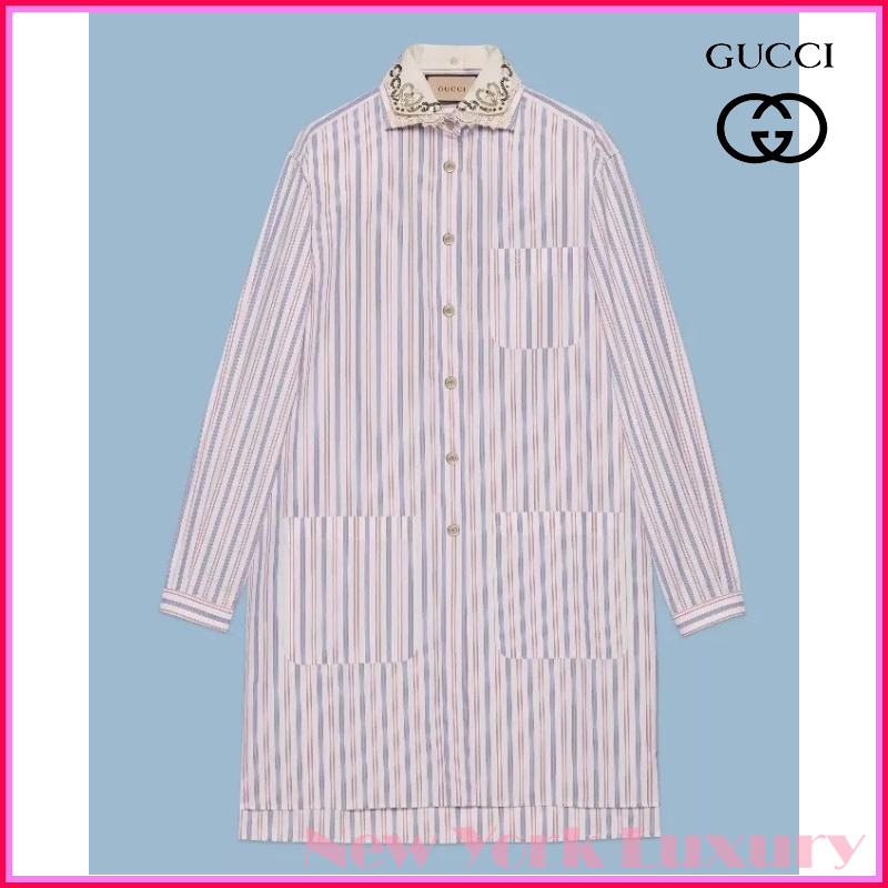 GUCCI★素敵！striped cotton shirt With Crystal Collar