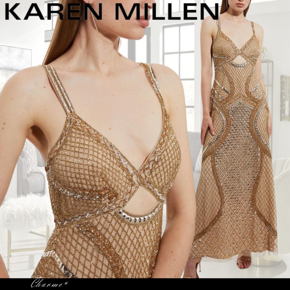 KAREN MILLEN ドレス ロングワンピース 刺繍 フレア Vネック