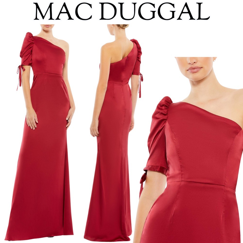 【Mac Duggal】Deep Red☆アシンメトリー リボン ロングドレス