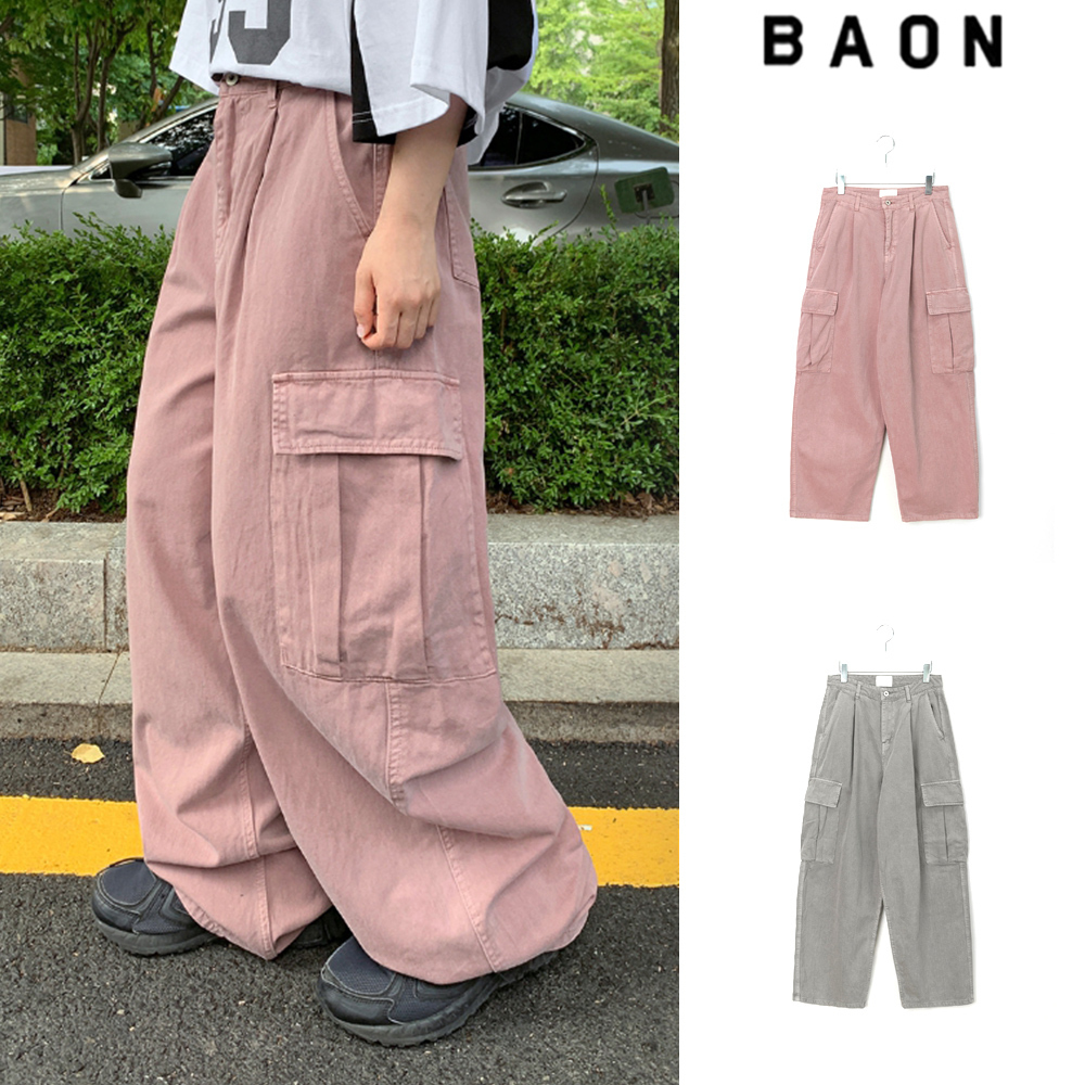 【BAON】[unisex] Tarki pintuck pigment wide cargo pants