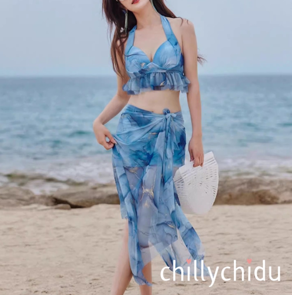 水着 タンキニ フリル ショートパンツ スリットスカート ブルー
