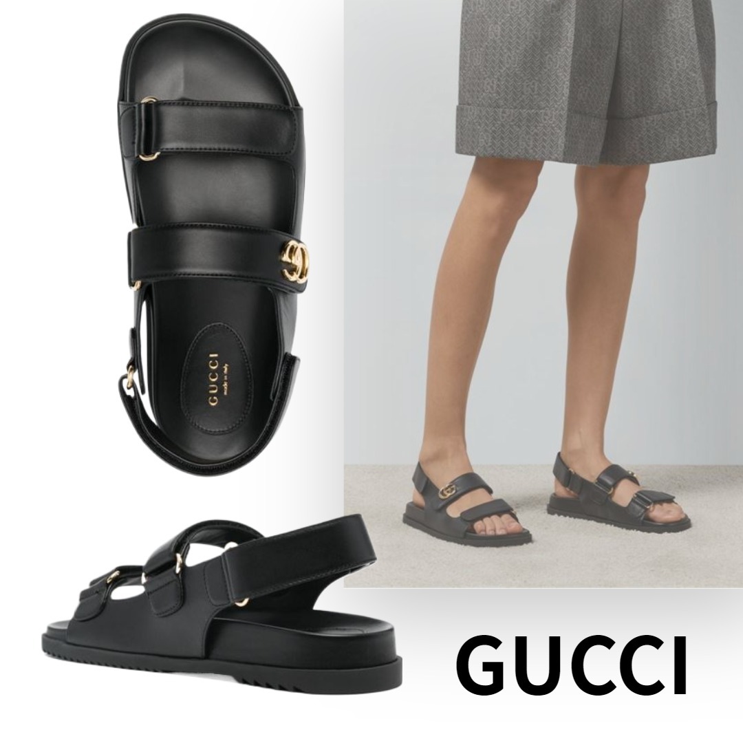 【関税負担無】GUCCI レザーロゴサンダル