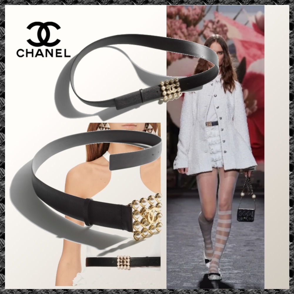 上品◆パールバックル【CHANEL】24SS ベルト 黒 カーフスキン