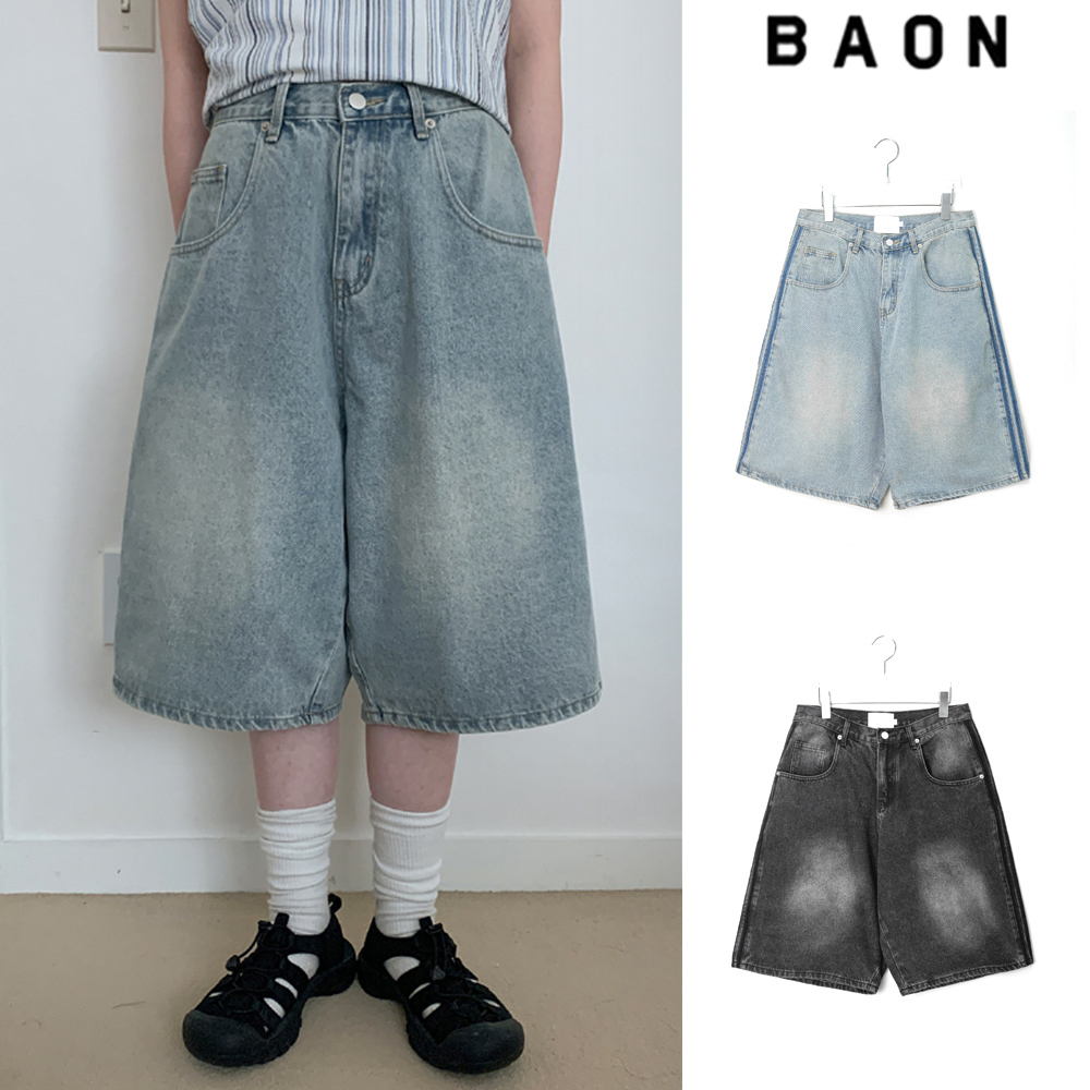 【BAON】[unisex] Huiyu Track Bermuda Washiing Denim Pants