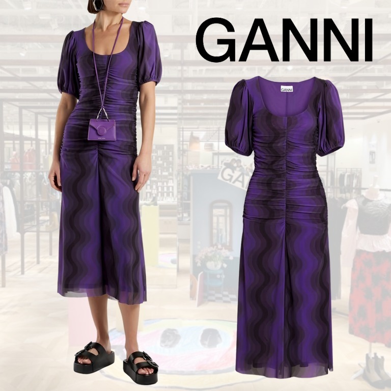 GANNI ストレッチメッシュ ミディワンピース ルーシュ&プリント