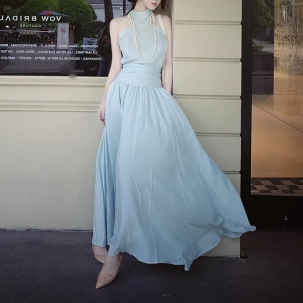 ドレス ロング丈 無地 上品 エレガント パーティー 結婚式 韓国