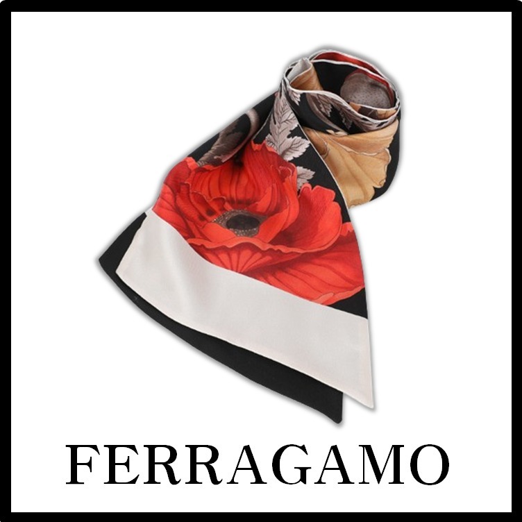 ☆関税込☆Ferragamo★ケシのプリントシルク防盗スカーフ★