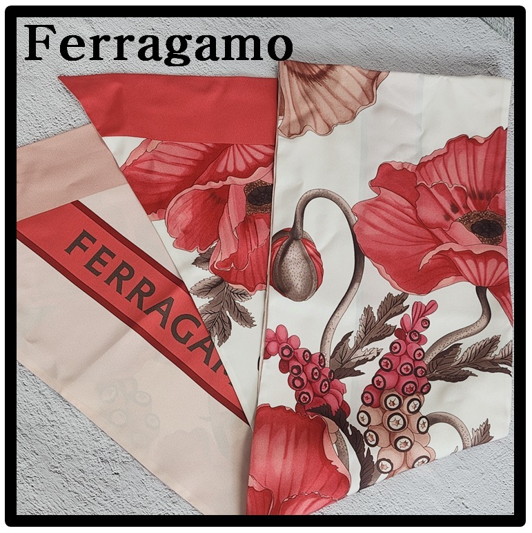 ☆関税込☆Ferragamo★ケシのプリントシルク防盗スカーフ★PINK