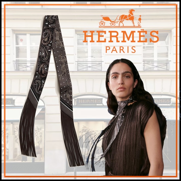 ビーズやフリンジ付HermesGuepard Bandana Franges Cuirツイリー