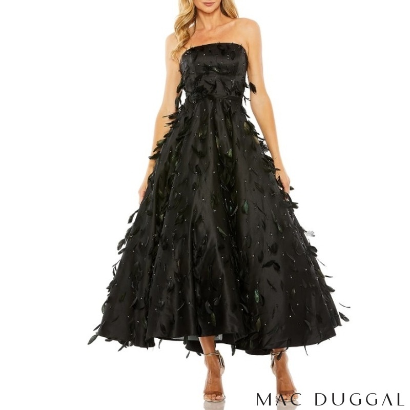 MAC DUGGAL ストラップレスフェザー ミモレ丈 ドレス ブラック