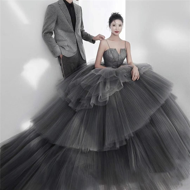 ティアード グレー パーティー 結婚式 ウェディングドレス 韓国