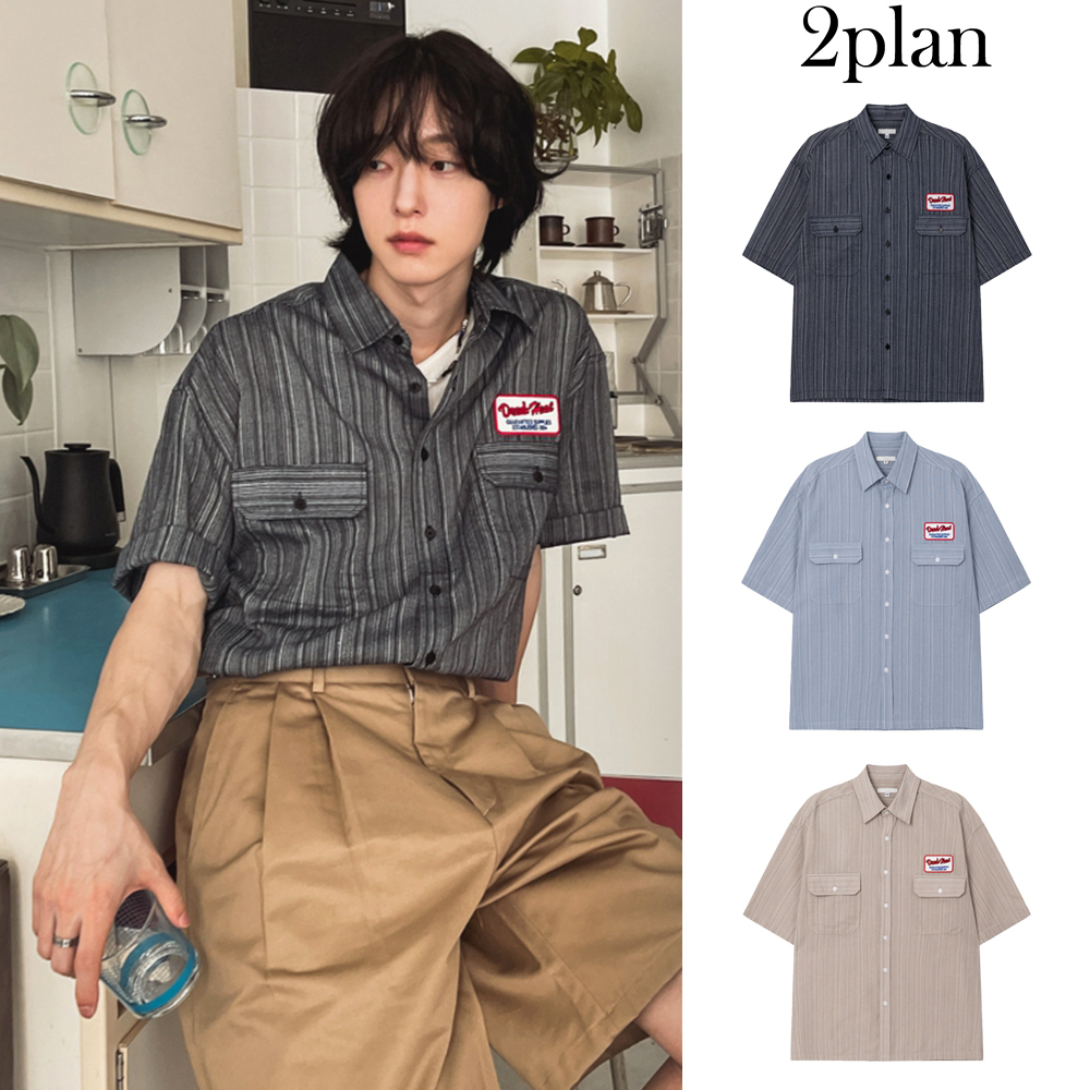 【2plan】Patch label striped half shirt