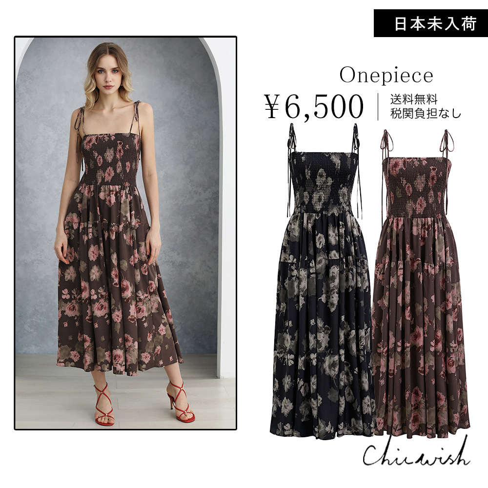 CHICWISH(シックウィッシュ)｜肩リボン花柄シャーリングドレス