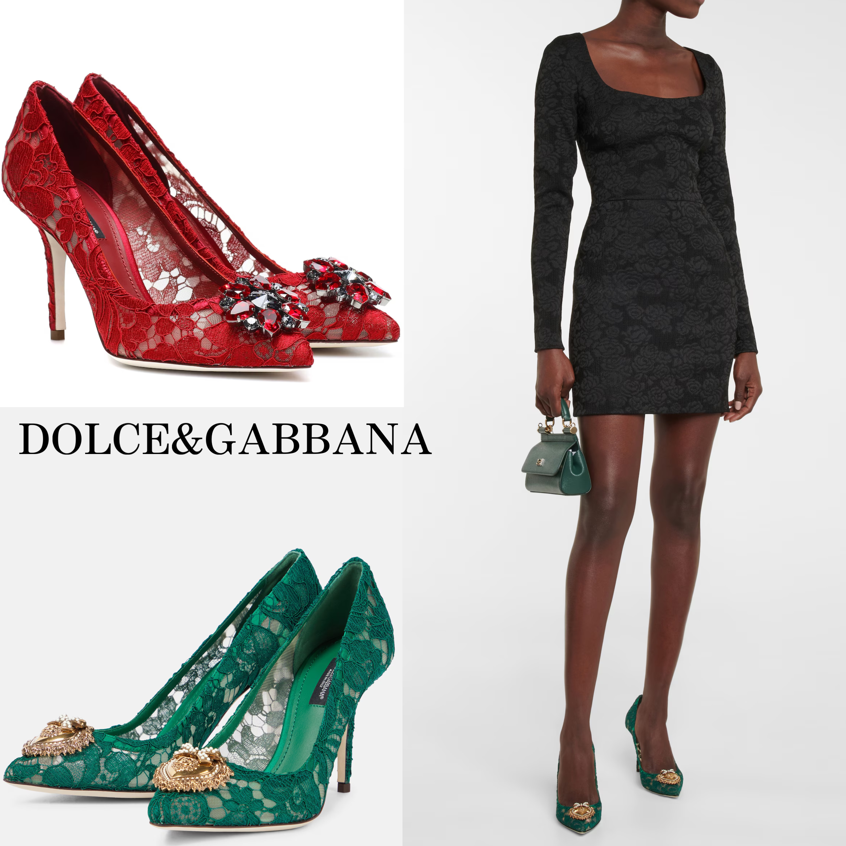*DOLCE&GABBANA*Bellucci レザー&レース ビジュー付パンプス