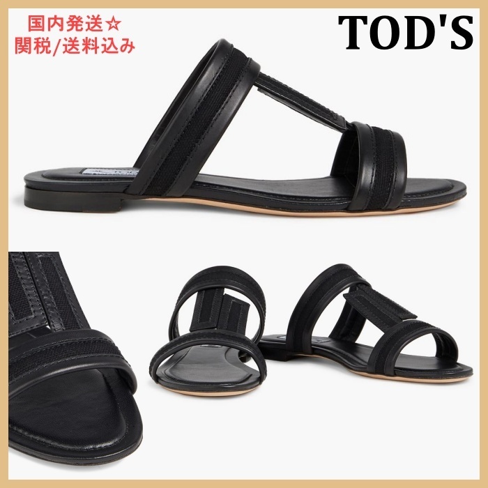 【TOD'S】Double T レザー&キャンバス サンダル＊関税/送料込み
