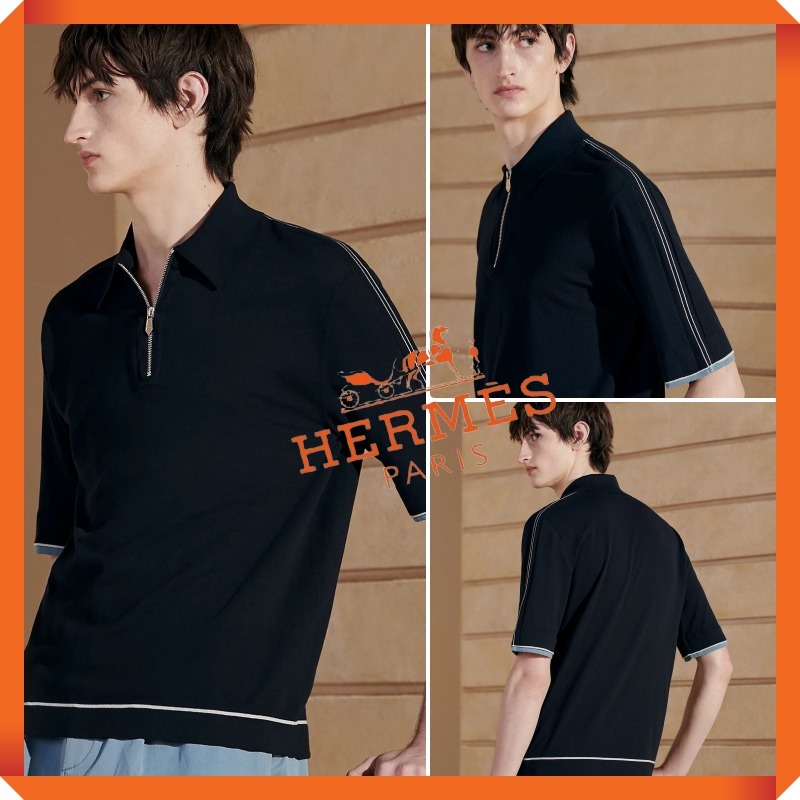 新作★HERMES★ポロシャツ《Doubles cotes H》マリン コットン