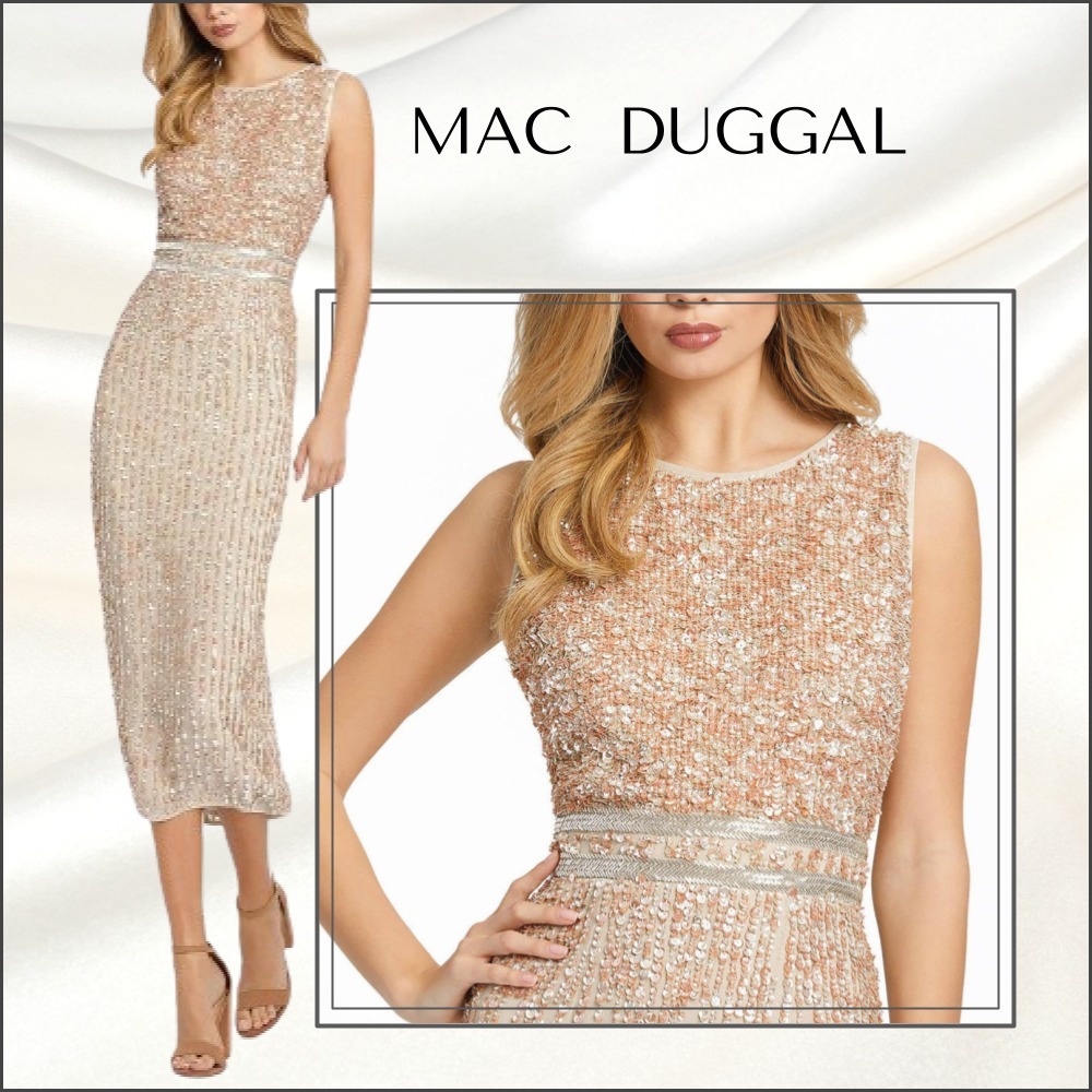 【MAC DUGGAL】ミディ ワンピース スパンコール ベージュ