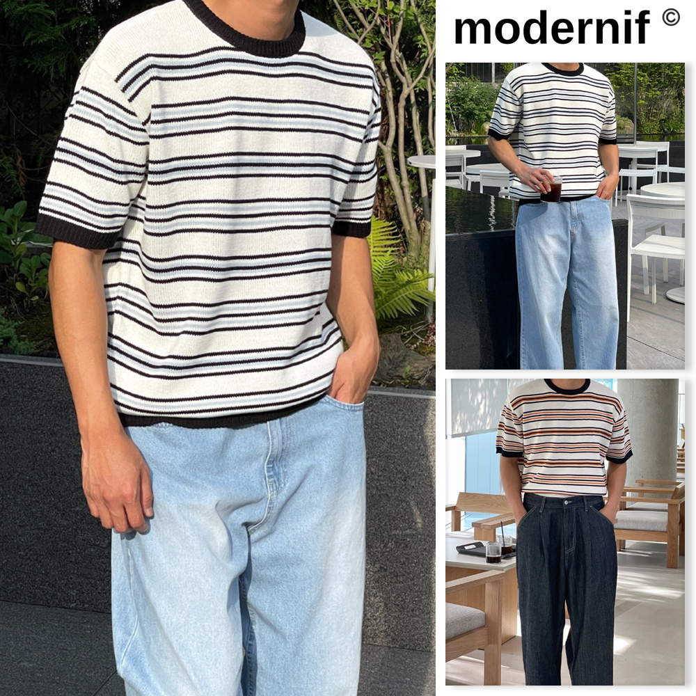 【MODERNIF】Hetz Stripe Short Sleeve Knit