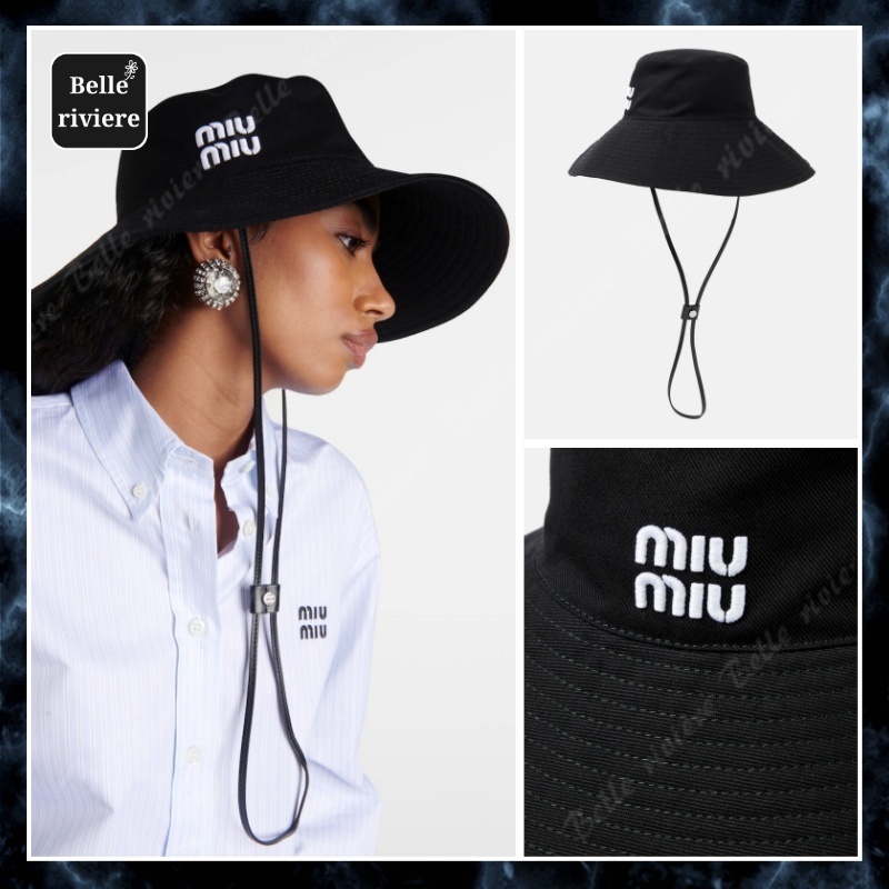 24PF new/MiuMiu ロゴコットンドリルバケットハット Hat Black