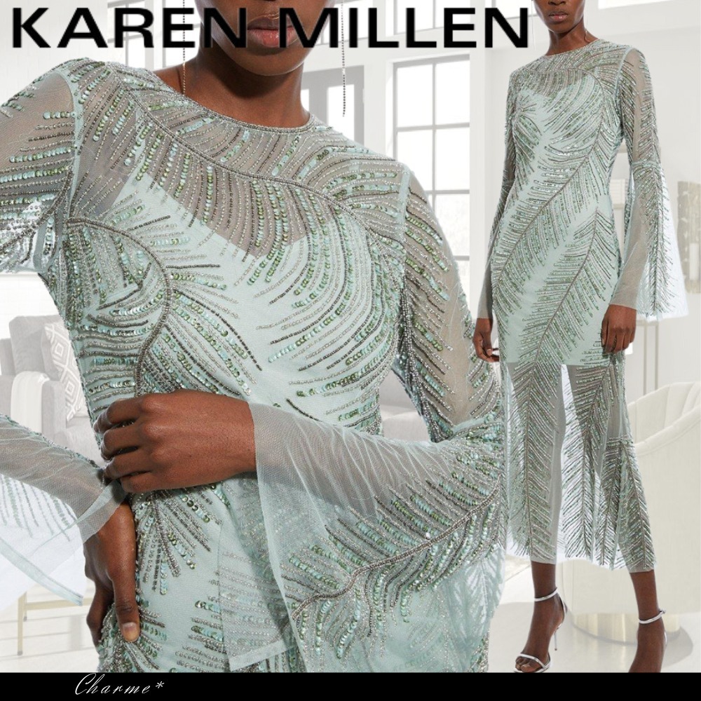 KAREN MILLEN ミディドレス ワンピース 長袖 刺繍 フェザー